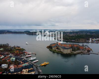 Vaxholm, Sweden - 12 30 2020: Vaxholm Castle from above. Stockholm Archipelago. Drone shot of this ancient fortification. Daylight. Stock Photo