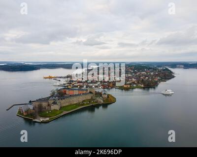 Vaxholm, Sweden - 12 30 2020: Vaxholm Castle from above. Stockholm Archipelago. Drone shot of this ancient fortification. Daylight. Stock Photo