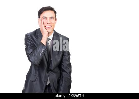 Cheerful handsome man touching face with pleasure Stock Photo