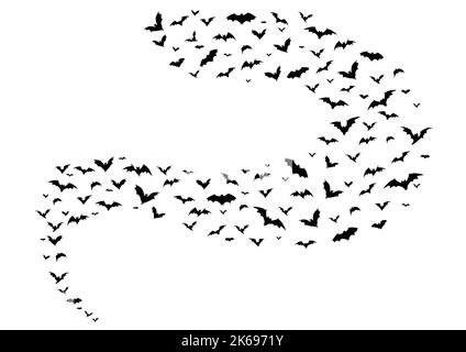 Flying halloween bats, isolated vector black silhouettes of vampire animals flock wave fly on white background. Winged swarm of creepy bats spooky fauna creatures group flow graphic design element Stock Vector