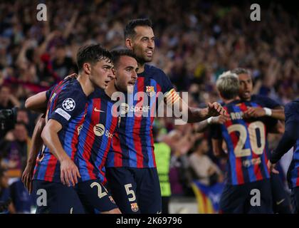 Barcelona, Spain. 12th Oct, 2022. FC Barcelona players celebrate after Ousmane Dembele scored to give the side a 1-0 lead during the UEFA Champions League match at Camp Nou, Barcelona. Picture credit should read: Jonathan Moscrop/Sportimage Credit: Sportimage/Alamy Live News Stock Photo