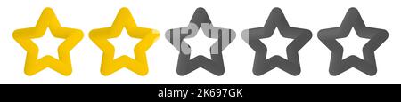 Two 2 gold stars rank icon. Two 3d stars from five on white background. Rating of hotel, restaurant, institution, hotel, mobile app or cafe. Cute Stock Vector