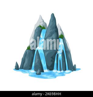 Cartoon mountain waterfall and water cascade. Vector splashing stream jets falling from high rocks with green plants. Isolated 2d design, fresh flows of water fall down from hill, natural elements Stock Vector