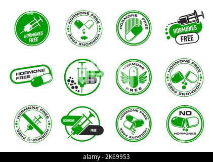 Hormone free icons, healthy organic food stickers and labels, vector stamps. Natural farm meat and no GMO products sign, USDA no hormones icon with syringe and pill for healthy food package badges Stock Vector