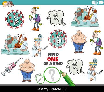 Cartoon illustration of find one of a kind picture educational game with healthcare and medical topics and characters Stock Vector