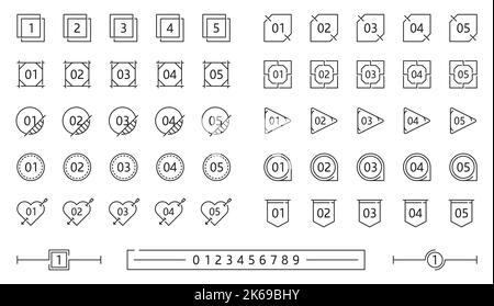 Infographics number box frames. Business diagram indicator outline frame or icons, presentation number signs, simple vector pictograms. Infographics digit line square, round and triangle boxes Stock Vector