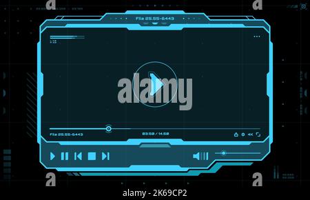 HUD video and sound player futuristic screen interface. Live audio player UI with digital navigation bar or panels. GUI futuristic vector display, SCI FI music control panel or neon blue frame buttons Stock Vector