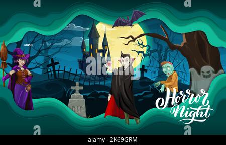 Cartoon halloween characters and paper cut night landscape. Vector greeting card with 3d effect frame, eerie witch with broom, vampire dracula, zombie and ghost on dark cemetery with haunted castle Stock Vector