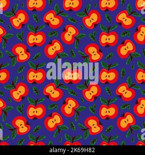 Seamless pattern with cut red apples on a blue background Stock Photo
