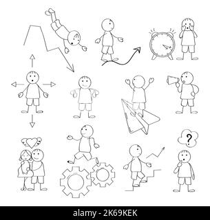 Stick figures for presentations in doddle style. Line art human, businessman. Different poses of walking,thinking, running. Stock Vector