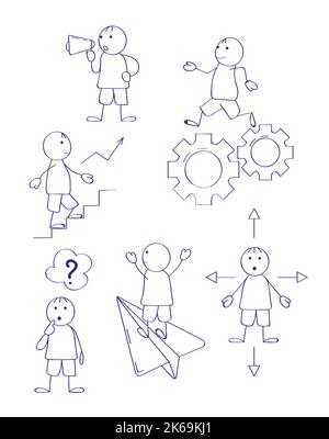 Stick figures for presentations in doddle style. Line art human, businessman. Different poses of walking,thinking, running. Stock Vector
