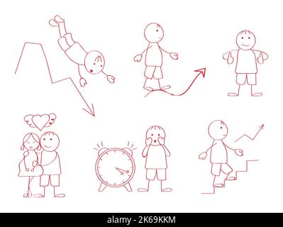 Stick figures for presentations in doddle style. Line art human, businessman. Different poses of walking,thinking, running. Stock Vector