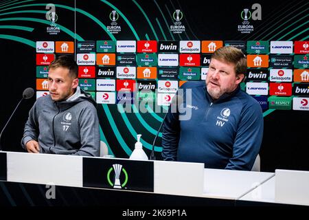 Gent's Andrew Hjulsager and Gent's head coach Hein Vanhaezebrouck pictured during a press conference of Belgian soccer team KAA Gent, Wednesday 12 October 2022 in Johanneshov, Stockholm, Sweden, in preparation of tomorrow's game against Swedish team Djurgardens IF on day four of the Uefa Europa Conference League group stage. BELGA PHOTO JASPER JACOBS Stock Photo