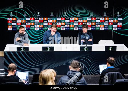 Gent's Andrew Hjulsager and Gent's head coach Hein Vanhaezebrouck pictured during a press conference of Belgian soccer team KAA Gent, Wednesday 12 October 2022 in Johanneshov, Stockholm, Sweden, in preparation of tomorrow's game against Swedish team Djurgardens IF on day four of the Uefa Europa Conference League group stage. BELGA PHOTO JASPER JACOBS Stock Photo