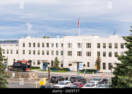 Anchorage, Alaska - September 4, 2022: Exterior of the Alaska Railroad train depot  in downtown Anchorage, Alaska Stock Photo