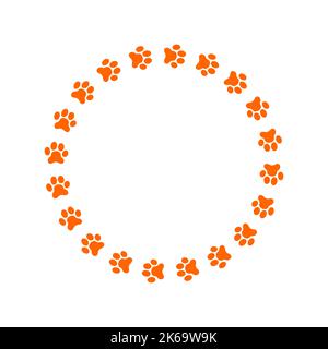 Round frame with dog or cat paw prints. Cute template for pet photo, greeting or invitation card, picture, banner isolated on white background. Vector flat illustration Stock Vector