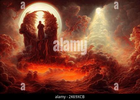 A man surrounded by flames of hell ascending to heaven gates from hell with devils and angels. Religion concept of redemption and success after Stock Photo