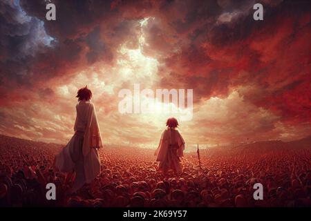 Two boys rise through a hellish deadly battlefield to heaven's gate, to symbolize the idea of redemption and victory in battle after suffering. 3D Stock Photo