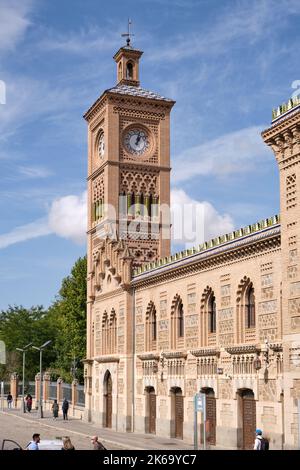 Close-up of the clock tower of the Toledo railway station, Toledo, Spain. Stock Photo