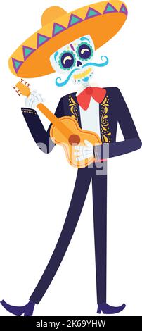 Isolated cute mexican male skeleton character with guitar Vector Stock Vector