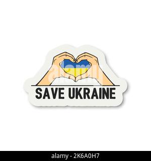 Save Ukraine. Anti War Call with Protest Symbol, Clenched Fist Raised Up. Ukranian Flag Colors, Paper Sticker. Struggle, Protest, Support Ukraine Stock Vector