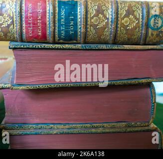 Stack of leather.bound vintage French academic books Stock Photo
