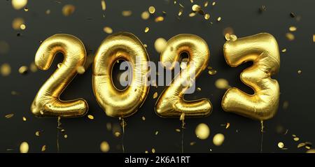 Happy New 2023 Year. 2023 golden foil balloons and falling confetti on black background. Gold helium balloon numbers. Festive poster or banner concept Stock Photo