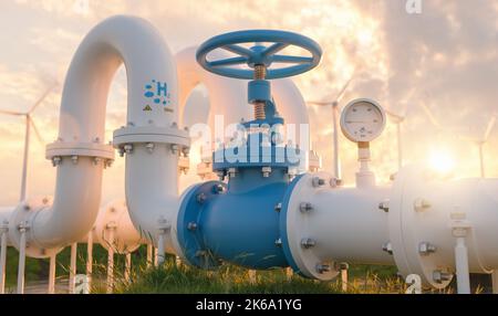 pipeline with a manometer of a hydrogen pipe and wind turbines in the background. Hydrogen energy storage concept image Stock Photo