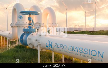 Hydrogen Zero Emission pipeline with wind turbines and solar panel power plants in the background at sunset. Hydrogen energy storage concept image Stock Photo