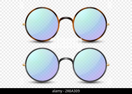 Vector 3d Realistic Leopard, Black Round Frame Glasses Set with Blue, Purple Transparent Glass Isolated, Eyeglasses for Women and Men, Accessory Stock Vector