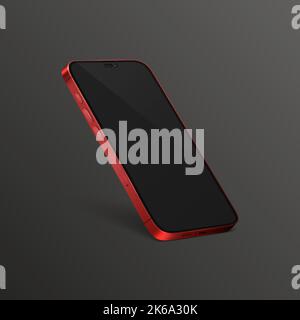 Vector 3d Realistic Red Modern Smartphone Design Template with Black Screen. Mobile Phone Isolated. Telephone Device UI UX, Phone in Half Turn View Stock Vector
