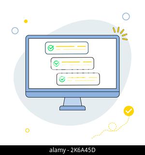 Computer with checklist. Cartoon computer with checkmarks document or to do list with checkboxes, concept of survey. Vector illustration in line art Stock Vector