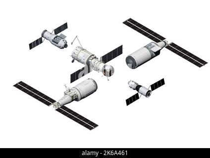 Chinese Space Station Tiangong 2022, isometric view. Stock Photo