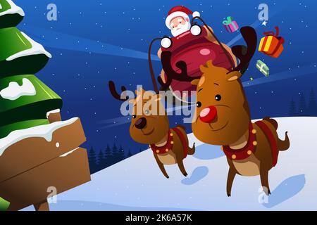 A vector illustration of Santa Claus Riding Sleigh Reindeers Stock Vector