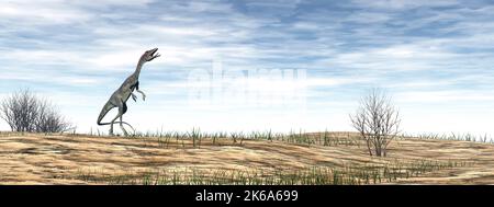 Compsognathus dinosaur walking in the desert by day. Stock Photo