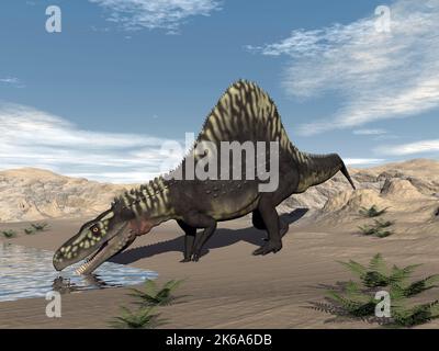 Arizonasaurus dinosaur drinking water in the desert. Stock Photo