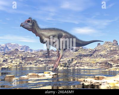Hypsilophodon dinosaur walking in the desert by day. Stock Photo