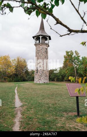 The Waterloo Pioneer Memorial Tower was built in 1926 in Kitchener to commemorate the arrival of the Pennsylvania Dutch to Southwestern Ontario. Stock Photo