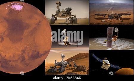 Montage of Mars missions, clockwise from top left: Perseverance rover and Ingenuity Mars Helicopter, InSight lander, Odyssey orbiter, MAVEN orbiter, C Stock Photo