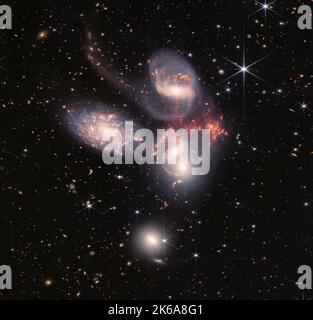 Combined NIRCam and MIRI image of Stephan's Quintet, captured by the James Webb Space Telescope. Stock Photo