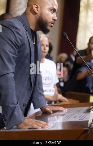 Los Angeles, California - October 11, 2022- California Assemblymember Isaac Bryan makes public comments as angry protesters attended a Los Angeles Cit Stock Photo