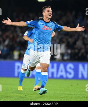 Naples, Italy. 12th Oct, 2022. Giacomo Raspadori of Napoli celebrates his goal during the UEFA Champions League Group A match between Napoli and AFC Ajax in Naples, Italy, Oct. 12, 2022. Credit: Alberto Lingria/Xinhua/Alamy Live News Stock Photo