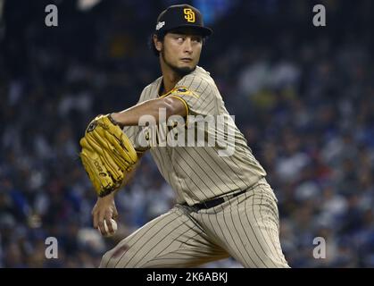 San Diego Padres starting pitcher Yu Darvish throws against the Los Angeles Dodgers in the sixth inning before being relieved during game two of the National League Divisional Series at Dodgers Stadium in Los Angeles on Wednesday, October 12, 2022.  The Dodgers lead the Padres 1-0 in the best of five NLDS.  Photo by Jim Ruymen/UPI Stock Photo