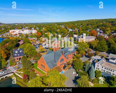 Winchester Town Hall aerial view in fall at Winchester Center Historic District, town of Winchester, Massachusetts MA, USA. Stock Photo