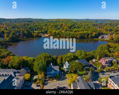 Wedge Pond aerial view in fall in historic town center of Winchester, Massachusetts MA, USA. Stock Photo