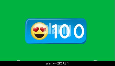 Image of 100 notifications and emoticon over green background. Social ...