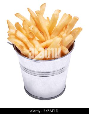 French fries potatoes in stylized metallic bucket isolated on white background Stock Photo