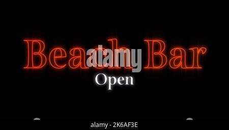 Image of neon beach bar open on black background. Party, disco, communication, vintage neon and advertisement concept. Stock Photo