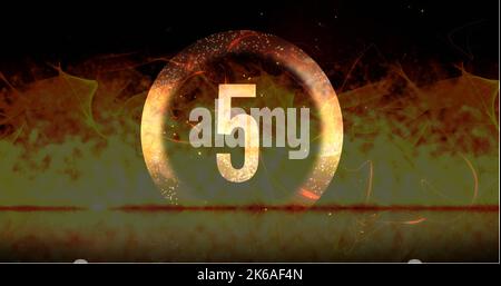 Image of ring and glowing number five in dramatic countdown over flaming fire background. Countdown, anticipation, time and entertainment concept digi Stock Photo