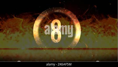 Image of ring and glowing number eight in dramatic countdown over flaming fire background. Countdown, anticipation, time and entertainment concept dig Stock Photo